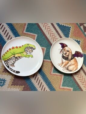 SOLD - West Elm x Rachel Kozlowski Halloween Plates - Dino Cat & Bat Bunny